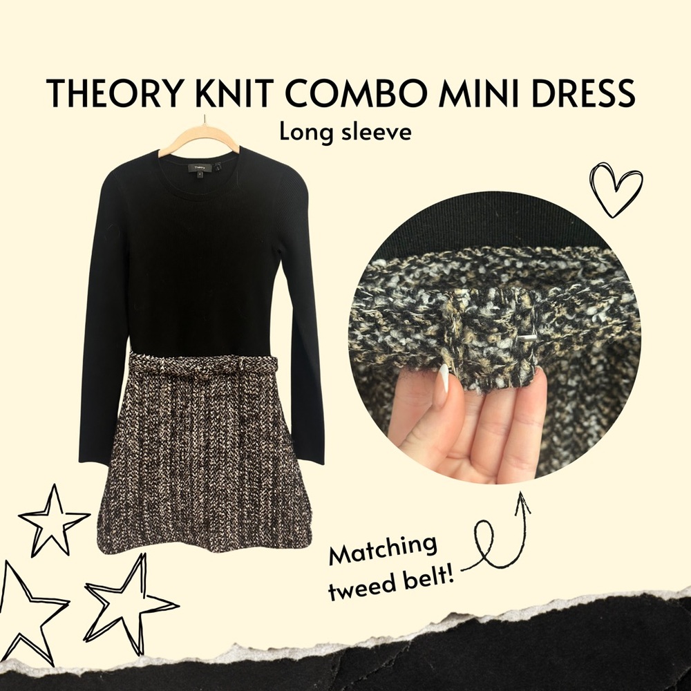 Theory Knit Combo Mini Dress - Black Sweater Top with Tweed Skirt and Belt